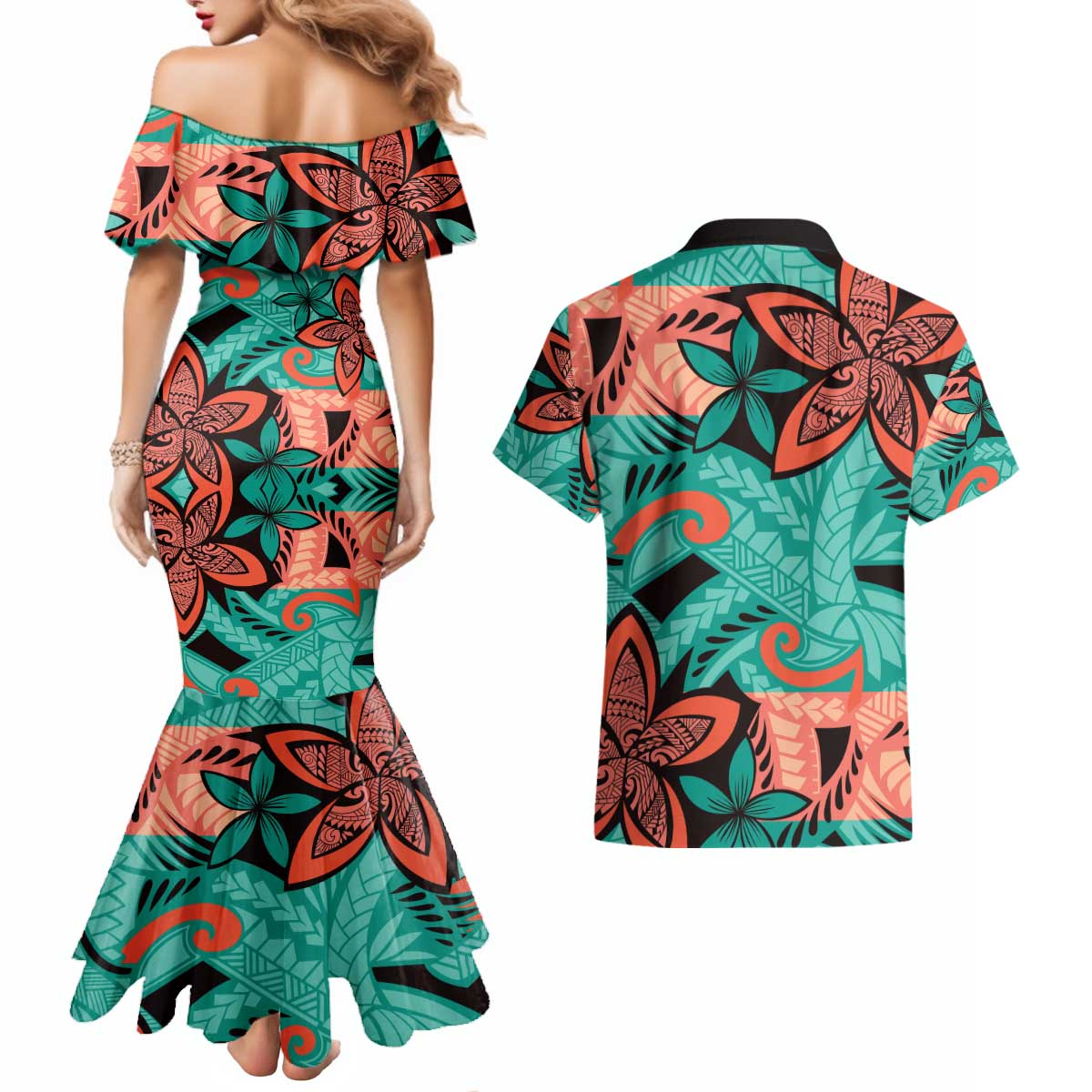 Plumeria Polynesian Pattern Couples Matching Mermaid Dress and Hawaiian Shirt Unique Fantasy Teal Orange LT01 - Polynesian Pride