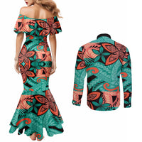 Plumeria Polynesian Pattern Couples Matching Mermaid Dress and Long Sleeve Button Shirt Unique Fantasy Teal Orange