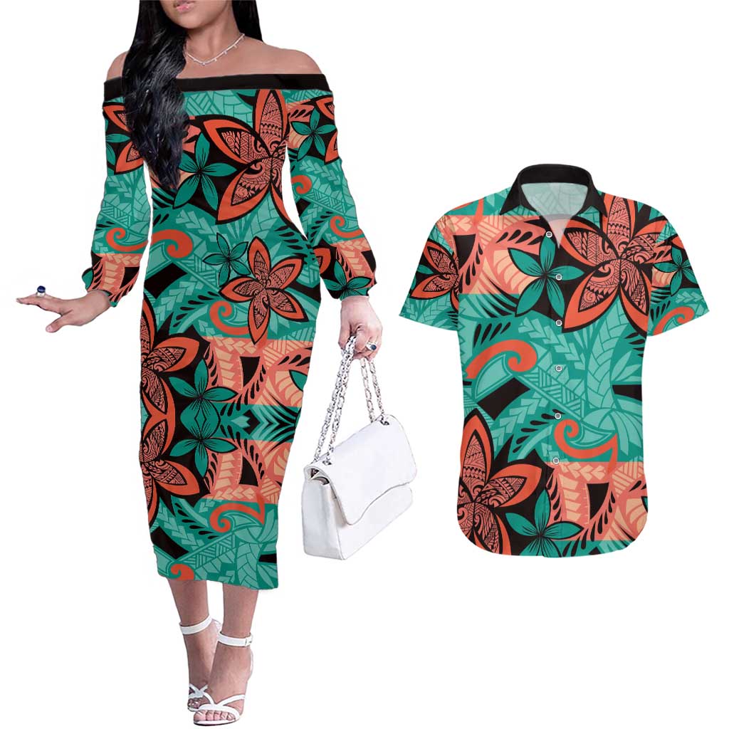Plumeria Polynesian Pattern Couples Matching Off The Shoulder Long Sleeve Dress and Hawaiian Shirt Unique Fantasy Teal Orange LT01 Teal - Polynesian Pride