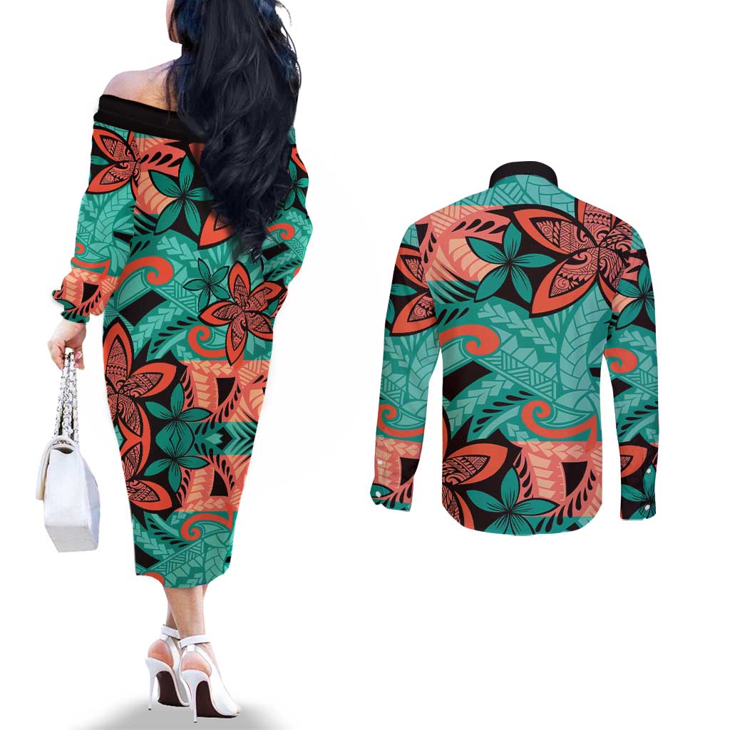 Plumeria Polynesian Pattern Couples Matching Off The Shoulder Long Sleeve Dress and Long Sleeve Button Shirt Unique Fantasy Teal Orange LT01 - Polynesian Pride
