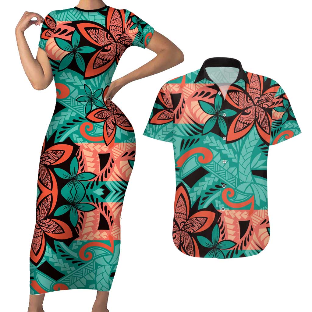 Plumeria Polynesian Pattern Couples Matching Short Sleeve Bodycon Dress and Hawaiian Shirt Unique Fantasy Teal Orange LT01 Teal - Polynesian Pride