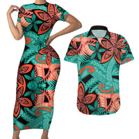 Plumeria Polynesian Pattern Couples Matching Short Sleeve Bodycon Dress and Hawaiian Shirt Unique Fantasy Teal Orange LT01 Teal - Polynesian Pride