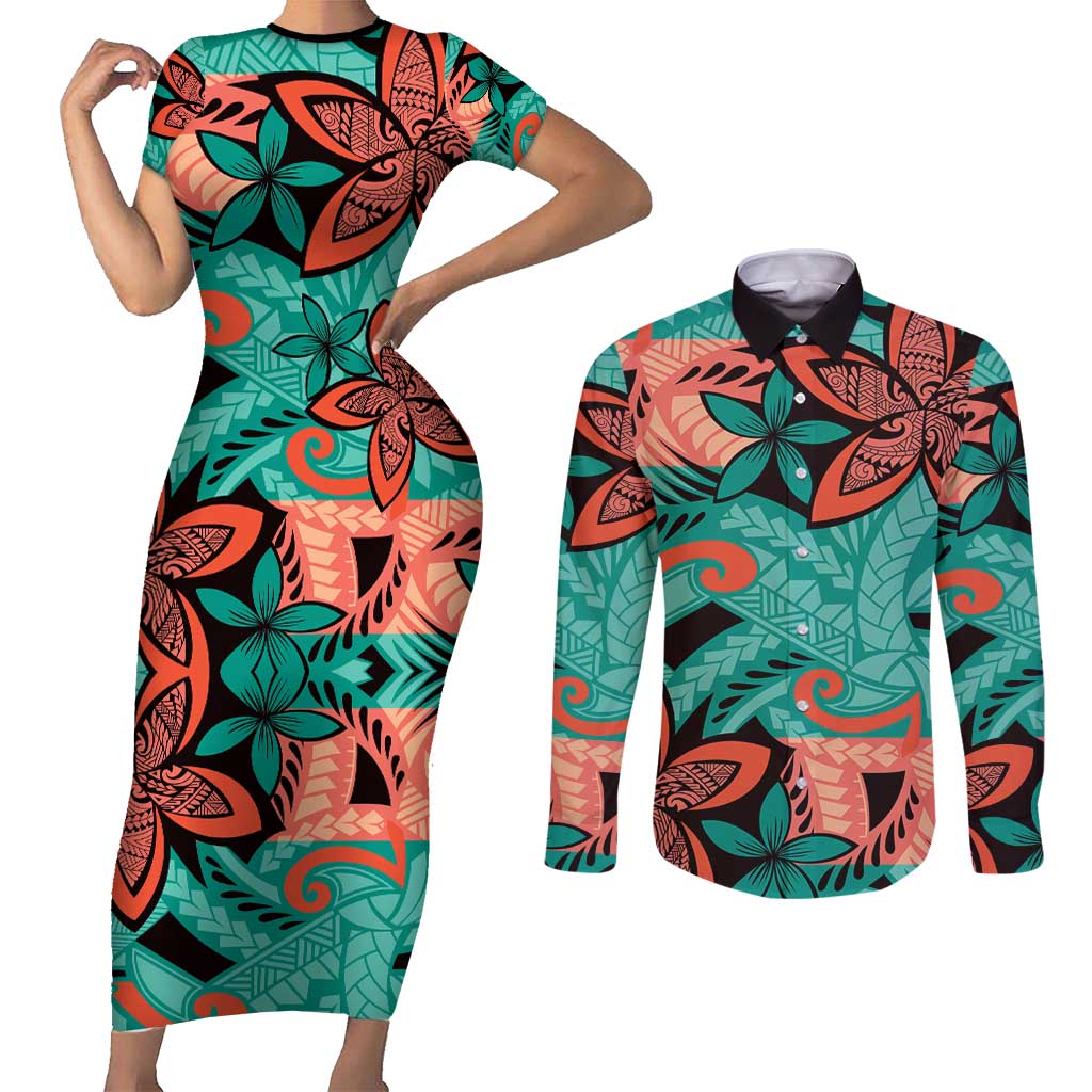 Plumeria Polynesian Pattern Couples Matching Short Sleeve Bodycon Dress and Long Sleeve Button Shirt Unique Fantasy Teal Orange
