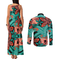 Plumeria Polynesian Pattern Couples Matching Tank Maxi Dress and Long Sleeve Button Shirt Unique Fantasy Teal Orange