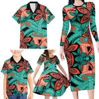 Plumeria Polynesian Pattern Family Matching Long Sleeve Bodycon Dress and Hawaiian Shirt Unique Fantasy Teal Orange LT01 - Polynesian Pride