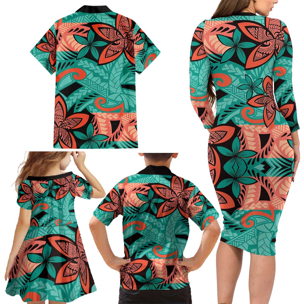 Plumeria Polynesian Pattern Family Matching Long Sleeve Bodycon Dress and Hawaiian Shirt Unique Fantasy Teal Orange LT01 - Polynesian Pride