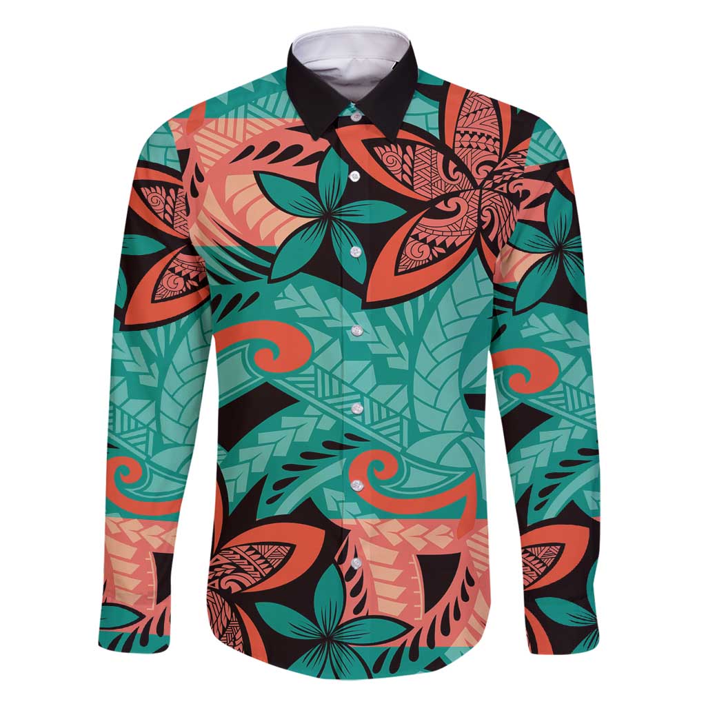 Plumeria Polynesian Pattern Family Matching Long Sleeve Bodycon Dress and Hawaiian Shirt Unique Fantasy Teal Orange LT01 Dad's Shirt - Long Sleeve Teal - Polynesian Pride