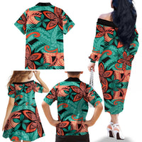 Plumeria Polynesian Pattern Family Matching Off The Shoulder Long Sleeve Dress and Hawaiian Shirt Unique Fantasy Teal Orange LT01 - Polynesian Pride