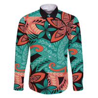 Plumeria Polynesian Pattern Family Matching Off The Shoulder Long Sleeve Dress and Hawaiian Shirt Unique Fantasy Teal Orange LT01 Dad's Shirt - Long Sleeve Teal - Polynesian Pride