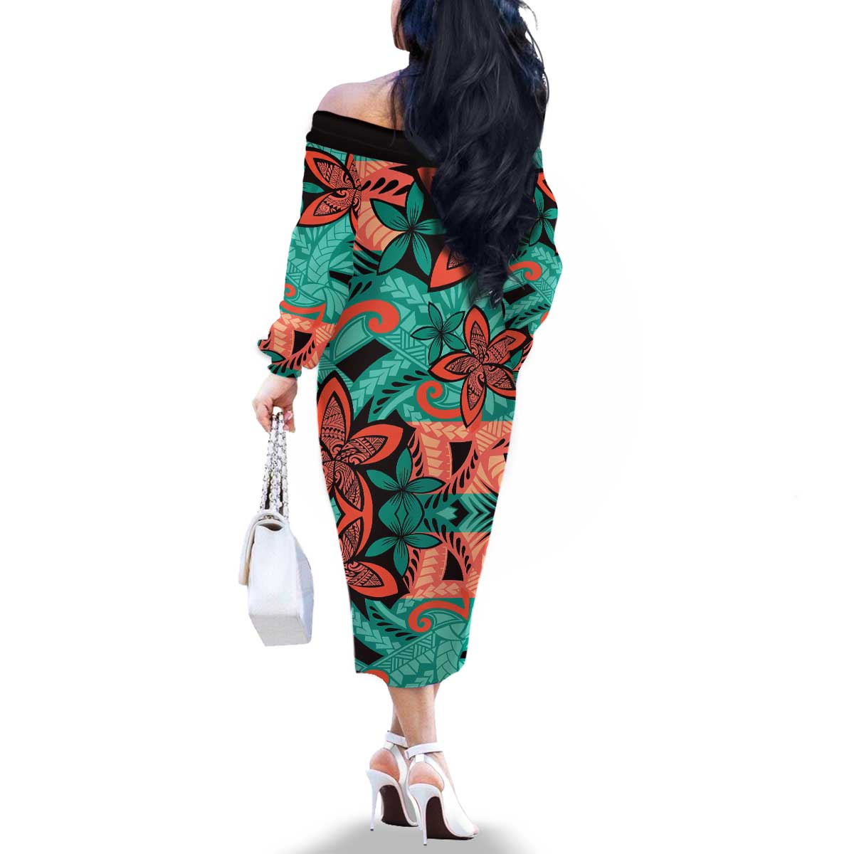 Plumeria Polynesian Pattern Family Matching Off The Shoulder Long Sleeve Dress and Hawaiian Shirt Unique Fantasy Teal Orange LT01 - Polynesian Pride