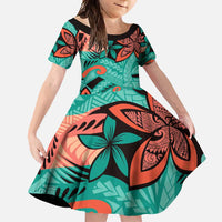 Plumeria Polynesian Pattern Family Matching Off Shoulder Maxi Dress and Hawaiian Shirt Unique Fantasy Teal Orange LT01 Daughter's Dress Teal - Polynesian Pride