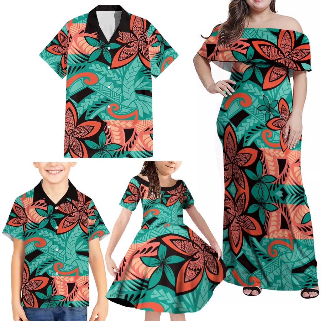 Plumeria Polynesian Pattern Family Matching Off Shoulder Maxi Dress and Hawaiian Shirt Unique Fantasy Teal Orange LT01 - Polynesian Pride