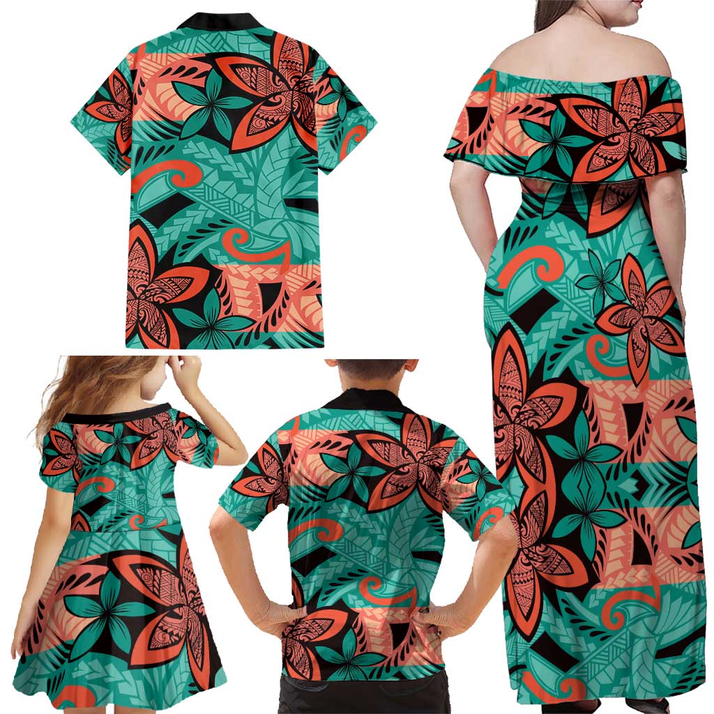 Plumeria Polynesian Pattern Family Matching Off Shoulder Maxi Dress and Hawaiian Shirt Unique Fantasy Teal Orange LT01 - Polynesian Pride