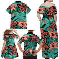 Plumeria Polynesian Pattern Family Matching Off Shoulder Maxi Dress and Hawaiian Shirt Unique Fantasy Teal Orange LT01 - Polynesian Pride