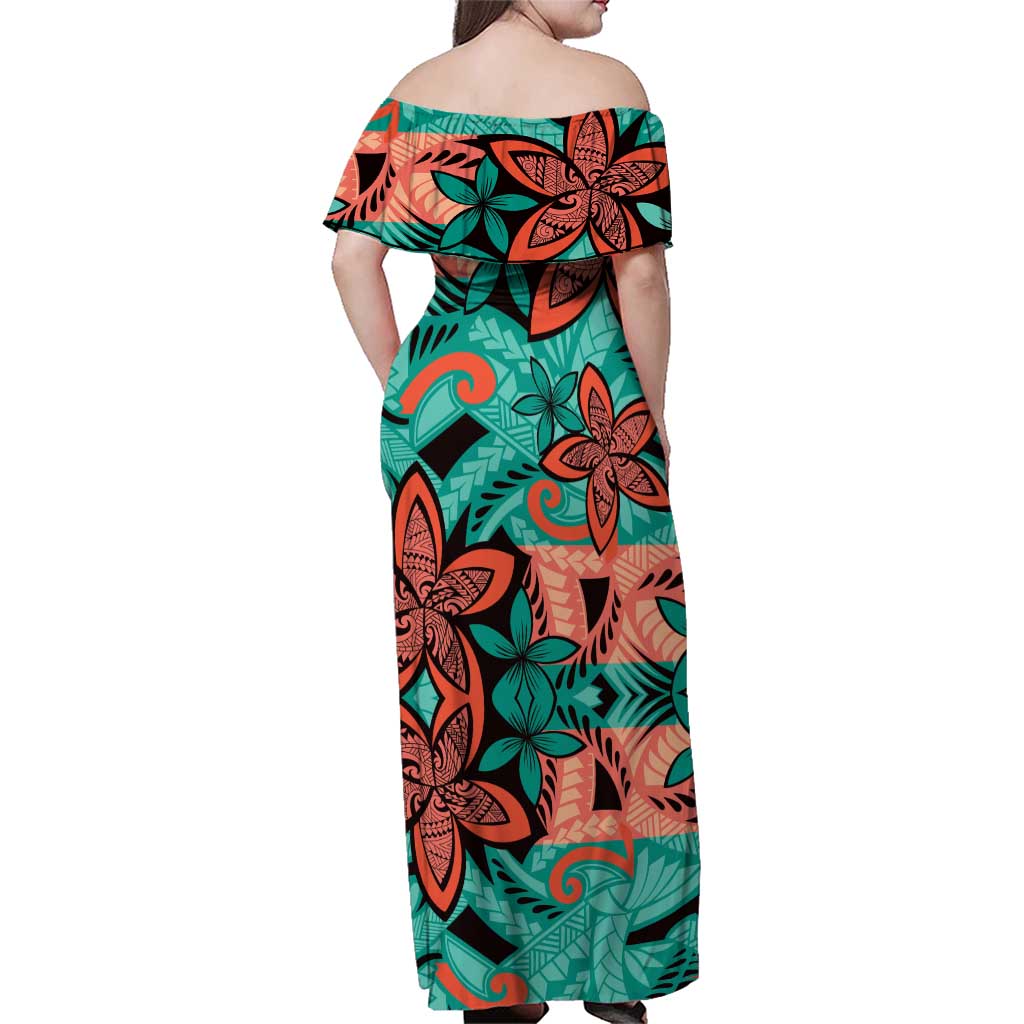 Plumeria Polynesian Pattern Family Matching Off Shoulder Maxi Dress and Hawaiian Shirt Unique Fantasy Teal Orange LT01 - Polynesian Pride