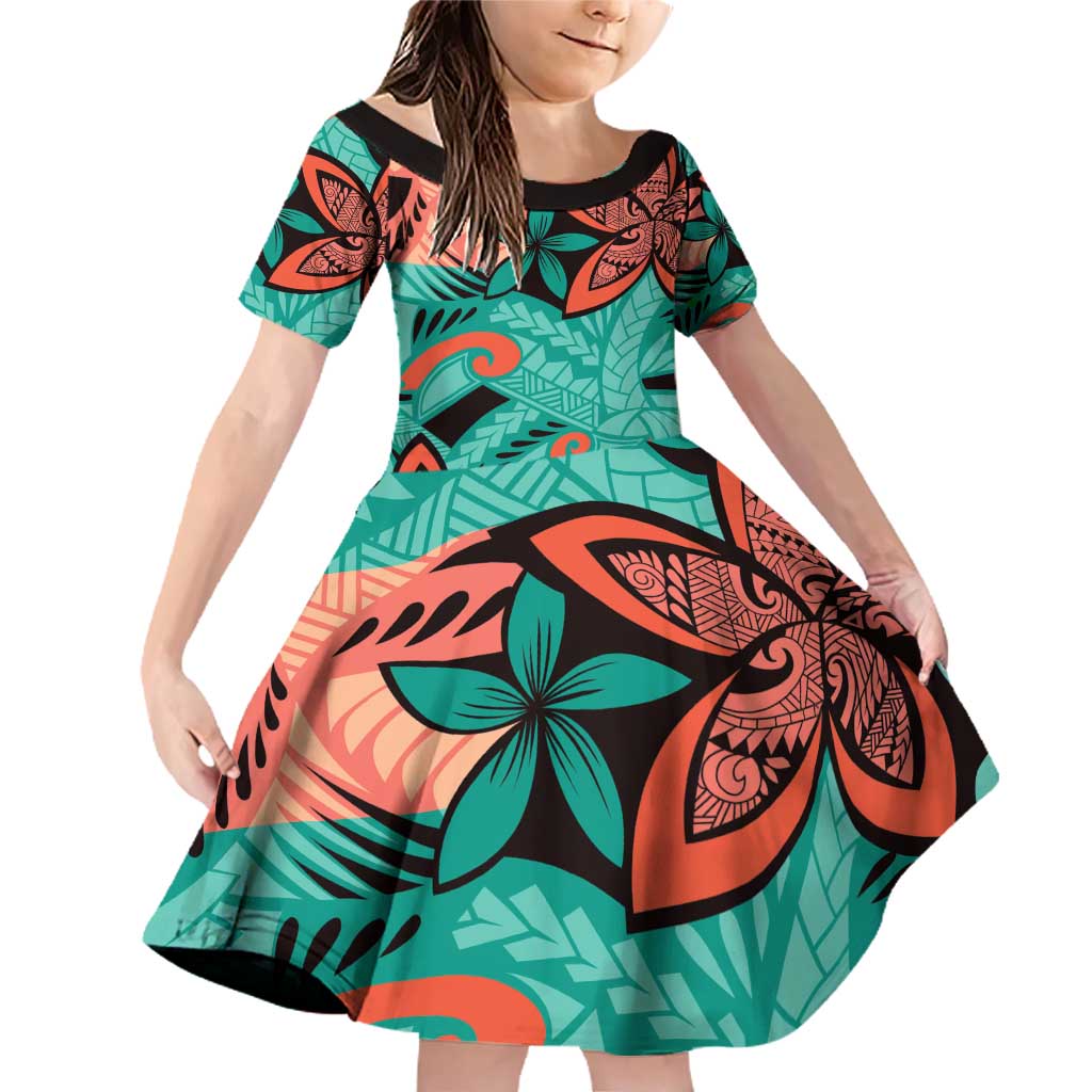Plumeria Polynesian Pattern Family Matching Off Shoulder Short Dress and Hawaiian Shirt Unique Fantasy Teal Orange LT01 Daughter's Dress Teal - Polynesian Pride