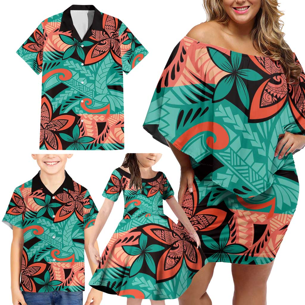 Plumeria Polynesian Pattern Family Matching Off Shoulder Short Dress and Hawaiian Shirt Unique Fantasy Teal Orange LT01 - Polynesian Pride