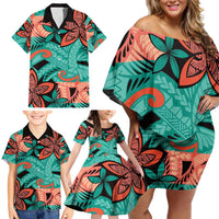 Plumeria Polynesian Pattern Family Matching Off Shoulder Short Dress and Hawaiian Shirt Unique Fantasy Teal Orange LT01 - Polynesian Pride