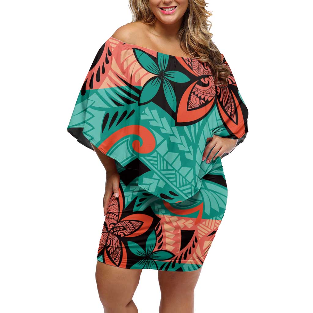 Plumeria Polynesian Pattern Family Matching Off Shoulder Short Dress and Hawaiian Shirt Unique Fantasy Teal Orange LT01 Mom's Dress Teal - Polynesian Pride