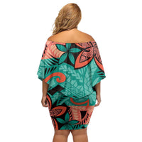 Plumeria Polynesian Pattern Family Matching Off Shoulder Short Dress and Hawaiian Shirt Unique Fantasy Teal Orange LT01 - Polynesian Pride
