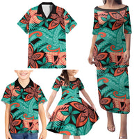 Plumeria Polynesian Pattern Family Matching Puletasi and Hawaiian Shirt Unique Fantasy Teal Orange LT01 - Polynesian Pride
