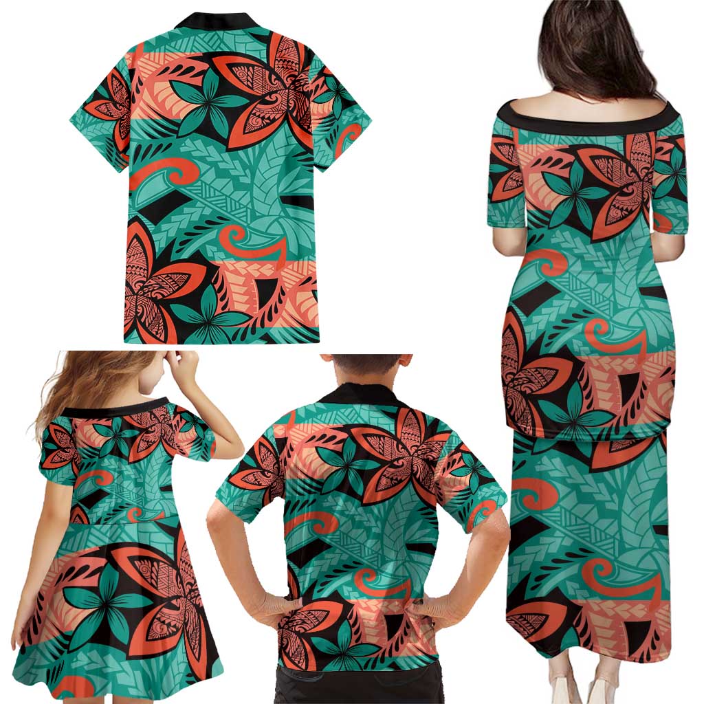Plumeria Polynesian Pattern Family Matching Puletasi and Hawaiian Shirt Unique Fantasy Teal Orange LT01 - Polynesian Pride