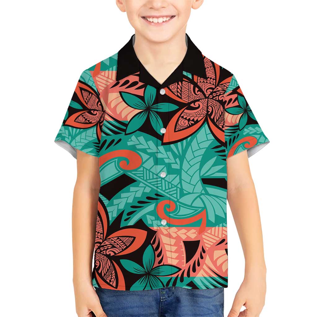 Plumeria Polynesian Pattern Family Matching Puletasi and Hawaiian Shirt Unique Fantasy Teal Orange LT01 Son's Shirt Teal - Polynesian Pride