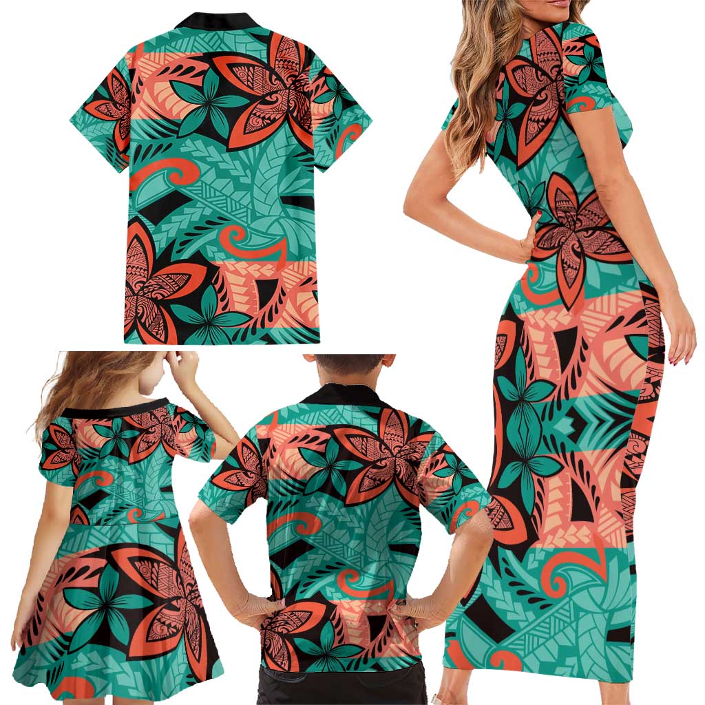 Plumeria Polynesian Pattern Family Matching Short Sleeve Bodycon Dress and Hawaiian Shirt Unique Fantasy Teal Orange LT01 - Polynesian Pride