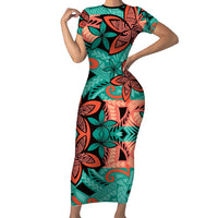 Plumeria Polynesian Pattern Family Matching Short Sleeve Bodycon Dress and Hawaiian Shirt Unique Fantasy Teal Orange LT01 Mom's Dress Teal - Polynesian Pride