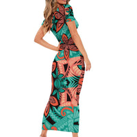 Plumeria Polynesian Pattern Family Matching Short Sleeve Bodycon Dress and Hawaiian Shirt Unique Fantasy Teal Orange LT01 - Polynesian Pride