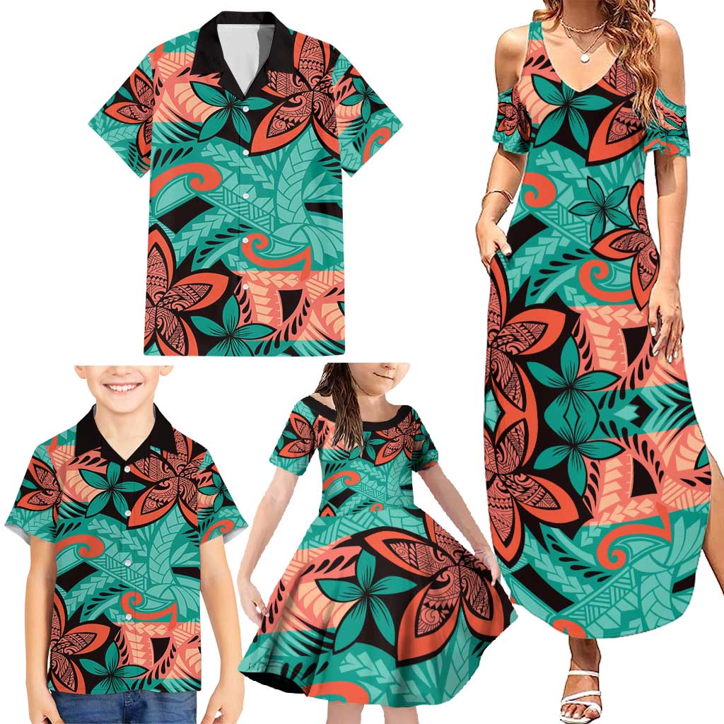 Plumeria Polynesian Pattern Family Matching Summer Maxi Dress and Hawaiian Shirt Unique Fantasy Teal Orange LT01 - Polynesian Pride