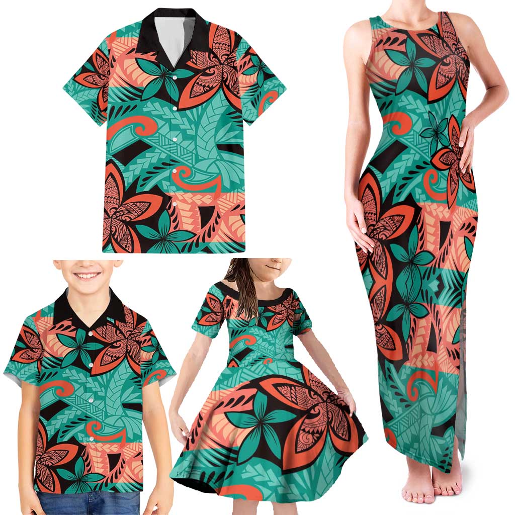 Plumeria Polynesian Pattern Family Matching Tank Maxi Dress and Hawaiian Shirt Unique Fantasy Teal Orange LT01 - Polynesian Pride