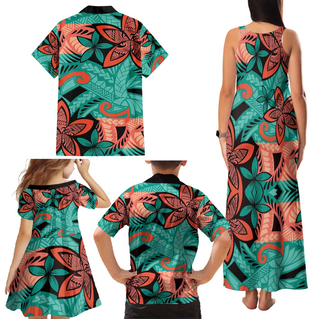 Plumeria Polynesian Pattern Family Matching Tank Maxi Dress and Hawaiian Shirt Unique Fantasy Teal Orange LT01 - Polynesian Pride