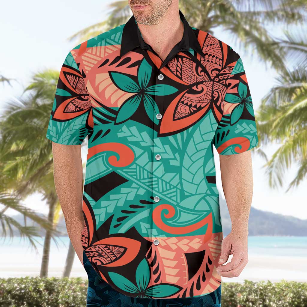 Plumeria Polynesian Pattern Hawaiian Shirt Unique Fantasy Teal Orange LT01 - Polynesian Pride