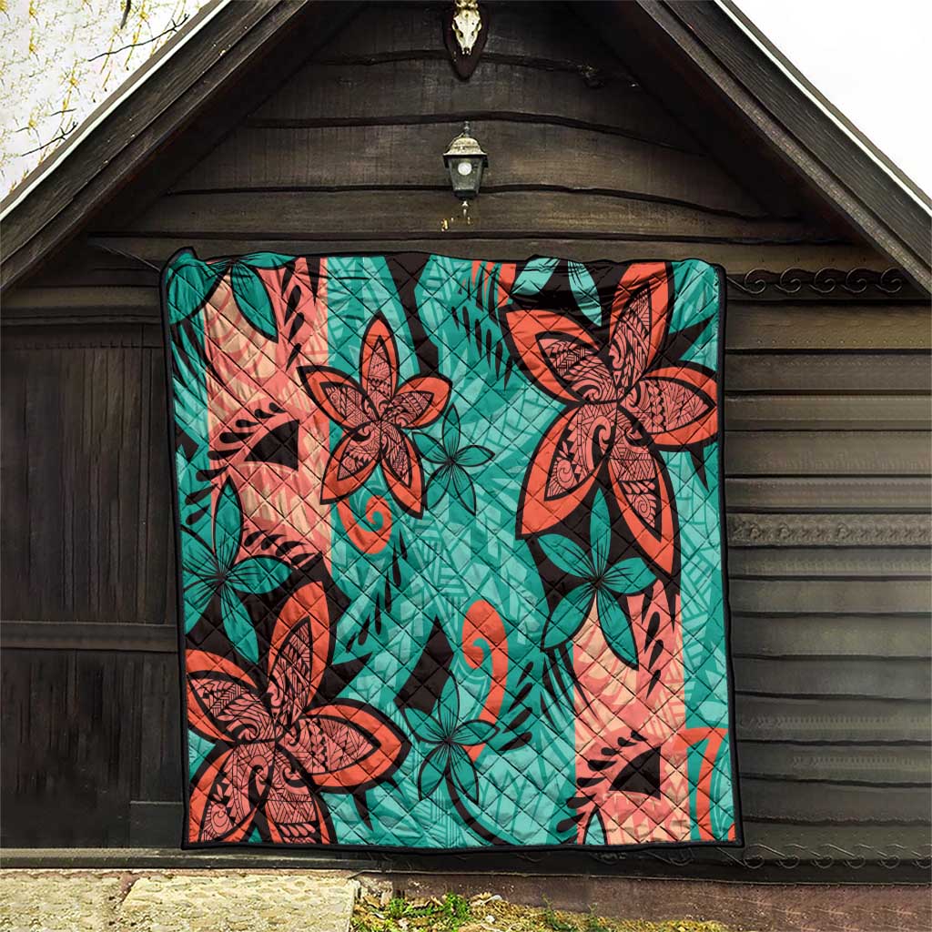 Plumeria Polynesian Pattern Quilt Unique Fantasy Teal Orange