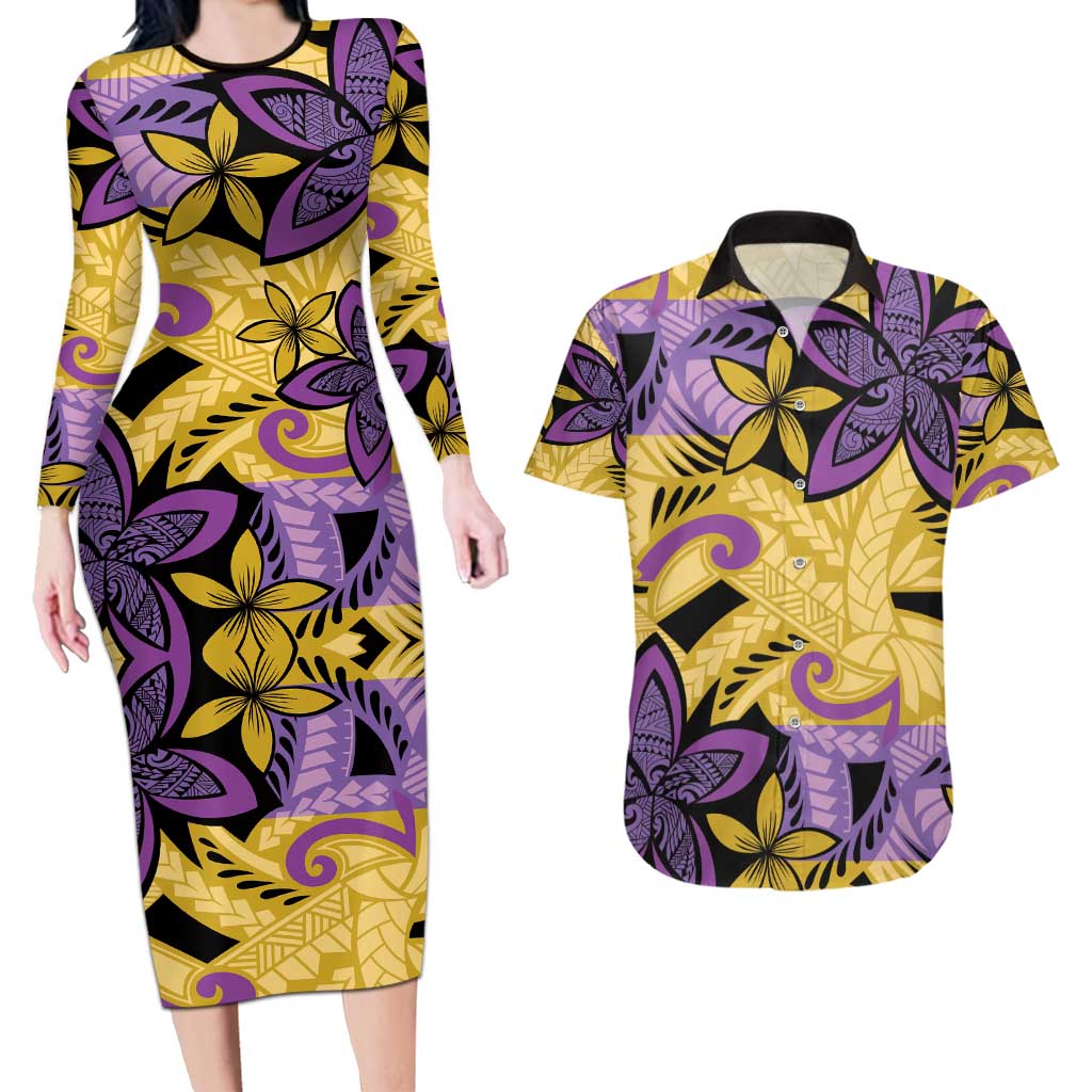 Plumeria Polynesian Pattern Couples Matching Long Sleeve Bodycon Dress and Hawaiian Shirt Unique Fantasy Yellow Purple LT01 Yellow - Polynesian Pride