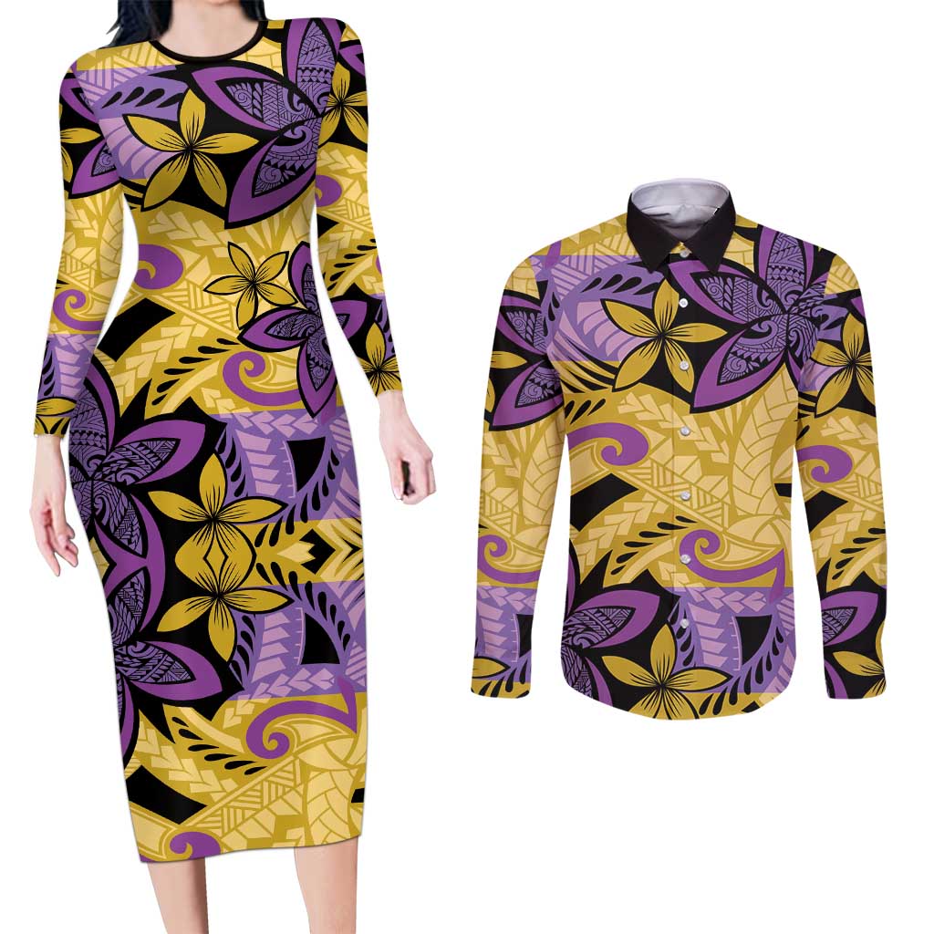 Plumeria Polynesian Pattern Couples Matching Long Sleeve Bodycon Dress and Long Sleeve Button Shirt Unique Fantasy Yellow Purple LT01 Yellow - Polynesian Pride