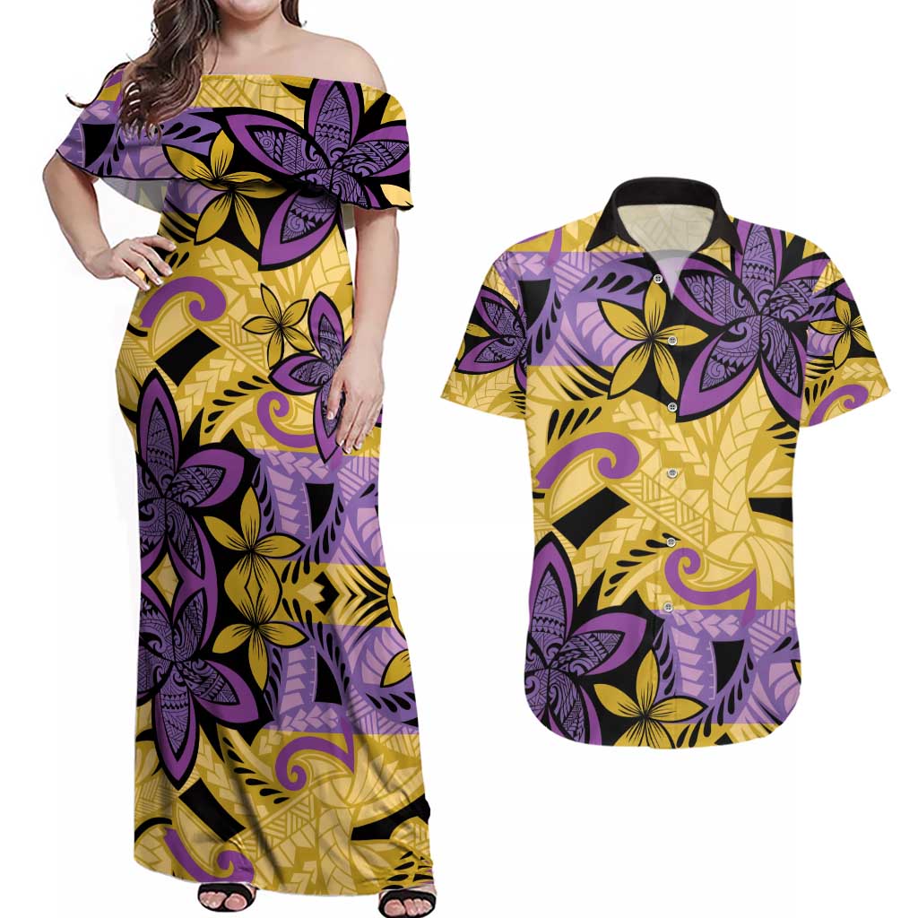 Plumeria Polynesian Pattern Couples Matching Off Shoulder Maxi Dress and Hawaiian Shirt Unique Fantasy Yellow Purple LT01 Yellow - Polynesian Pride
