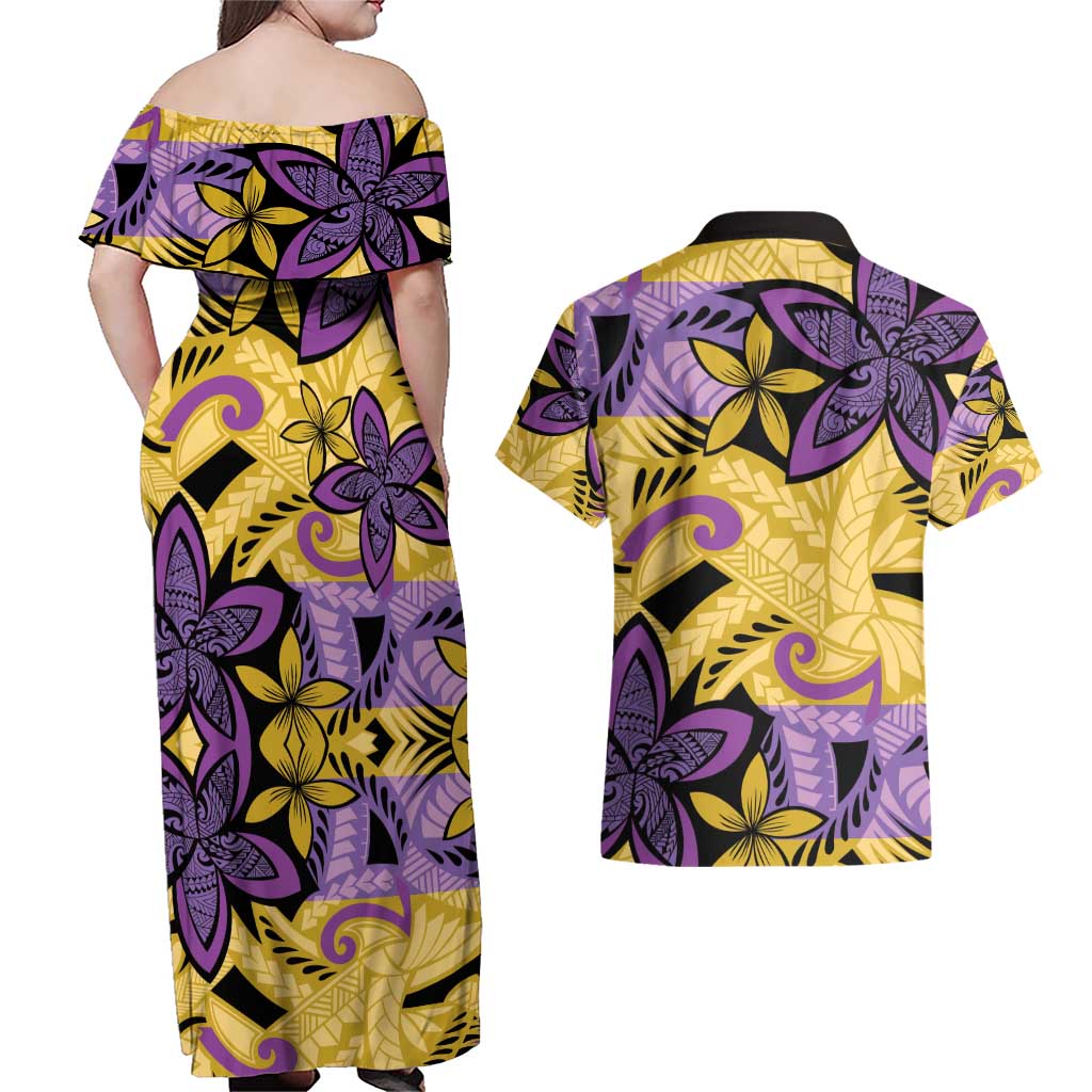 Plumeria Polynesian Pattern Couples Matching Off Shoulder Maxi Dress and Hawaiian Shirt Unique Fantasy Yellow Purple LT01 - Polynesian Pride