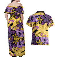 Plumeria Polynesian Pattern Couples Matching Off Shoulder Maxi Dress and Hawaiian Shirt Unique Fantasy Yellow Purple LT01 - Polynesian Pride