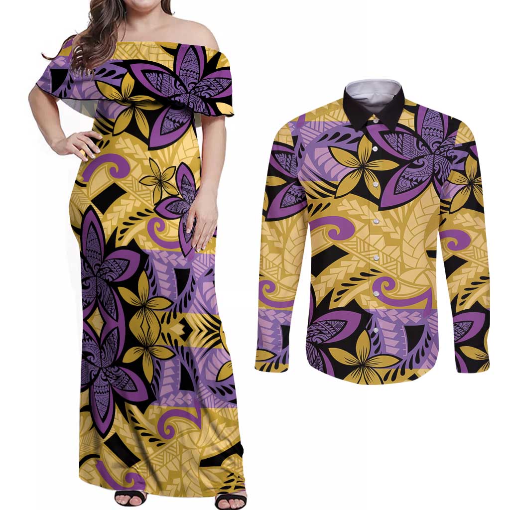 Plumeria Polynesian Pattern Couples Matching Off Shoulder Maxi Dress and Long Sleeve Button Shirt Unique Fantasy Yellow Purple LT01 Yellow - Polynesian Pride