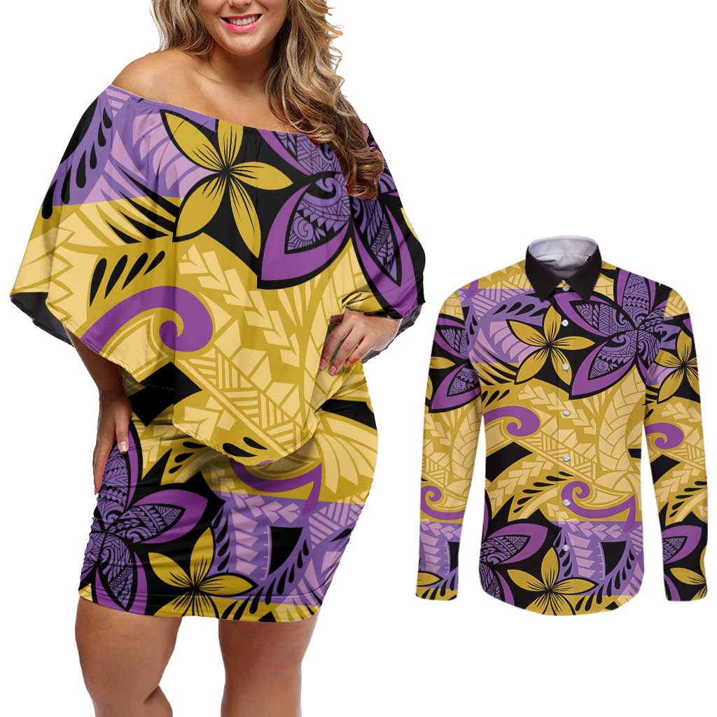 Plumeria Polynesian Pattern Couples Matching Off Shoulder Short Dress and Long Sleeve Button Shirt Unique Fantasy Yellow Purple LT01 Yellow - Polynesian Pride