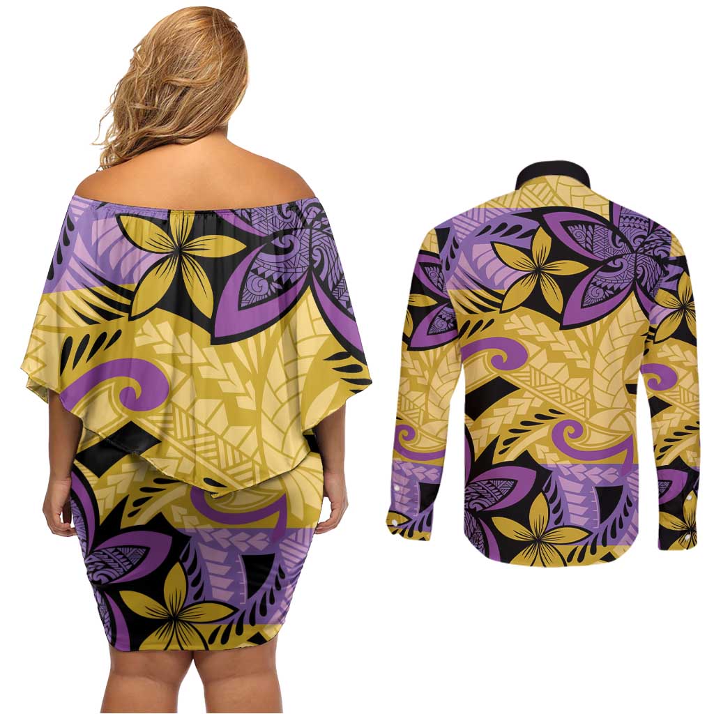 Plumeria Polynesian Pattern Couples Matching Off Shoulder Short Dress and Long Sleeve Button Shirt Unique Fantasy Yellow Purple
