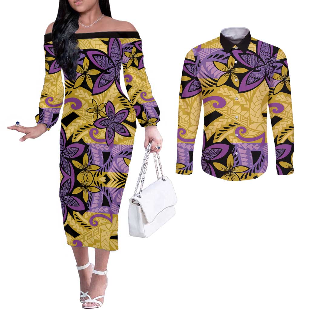 Plumeria Polynesian Pattern Couples Matching Off The Shoulder Long Sleeve Dress and Long Sleeve Button Shirt Unique Fantasy Yellow Purple LT01 Yellow - Polynesian Pride