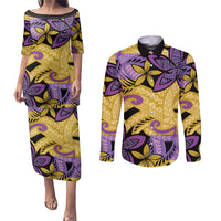 Plumeria Polynesian Pattern Couples Matching Puletasi and Long Sleeve Button Shirt Unique Fantasy Yellow Purple