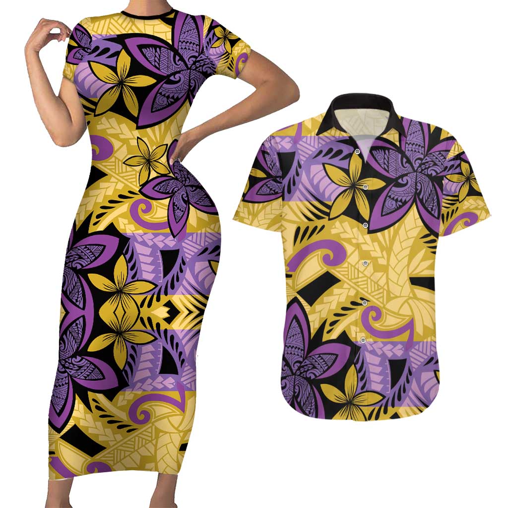 Plumeria Polynesian Pattern Couples Matching Short Sleeve Bodycon Dress and Hawaiian Shirt Unique Fantasy Yellow Purple LT01 Yellow - Polynesian Pride