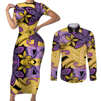 Plumeria Polynesian Pattern Couples Matching Short Sleeve Bodycon Dress and Long Sleeve Button Shirt Unique Fantasy Yellow Purple LT01 Yellow - Polynesian Pride