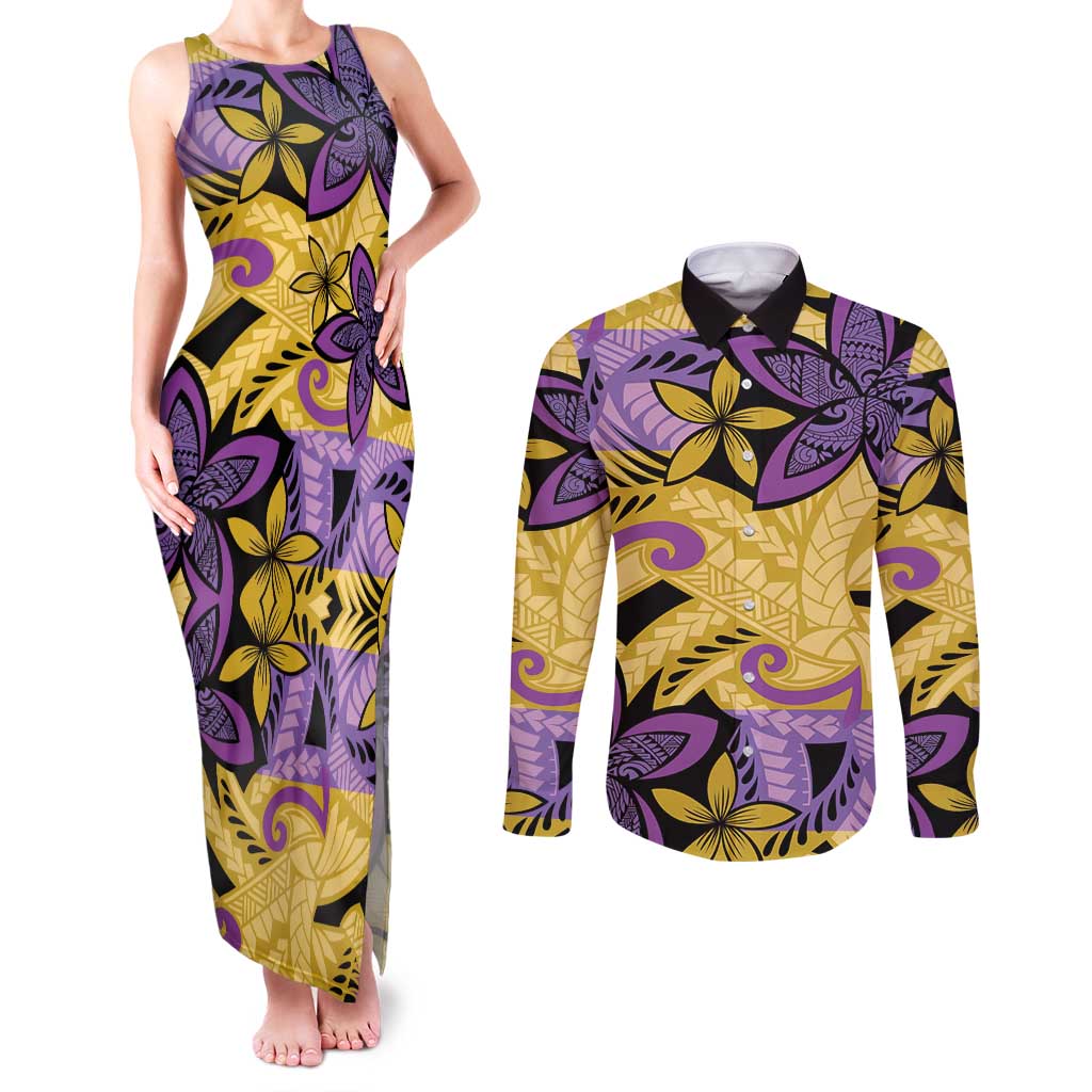Plumeria Polynesian Pattern Couples Matching Tank Maxi Dress and Long Sleeve Button Shirt Unique Fantasy Yellow Purple LT01 Yellow - Polynesian Pride
