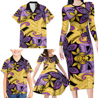 Plumeria Polynesian Pattern Family Matching Long Sleeve Bodycon Dress and Hawaiian Shirt Unique Fantasy Yellow Purple LT01 - Polynesian Pride