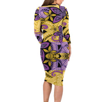 Plumeria Polynesian Pattern Family Matching Long Sleeve Bodycon Dress and Hawaiian Shirt Unique Fantasy Yellow Purple LT01 - Polynesian Pride